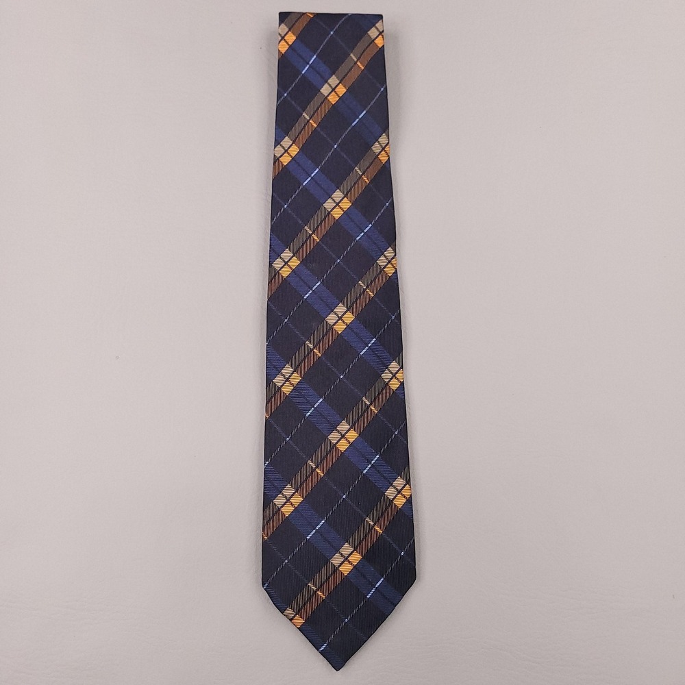 Corneliani Tie Mens‎ Navy Blue Orange Plaid Silk 60" Made Italy Classic Necktie